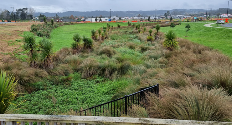 Huapai Triangle Stormwater Pond and Greenfinger viewed from pedestrian footbridge - Water New Zealand's Stormwater 2021 Conference